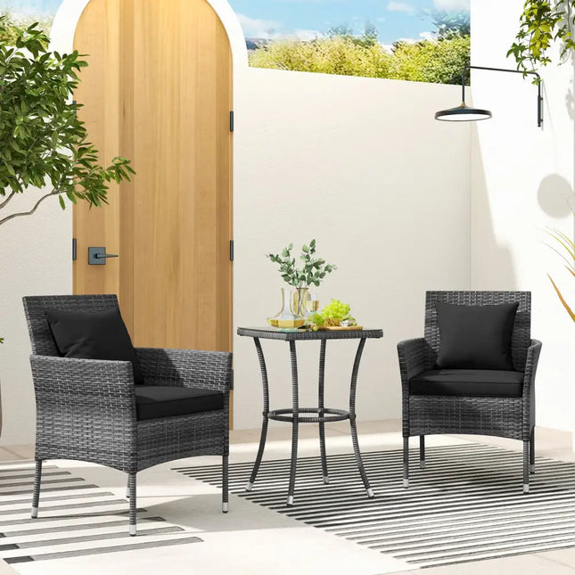 3 Pieces Patio Furniture Set with Cushioned Patio Chairs and Tempered Glass Coffee Table-Black - Black - Patio