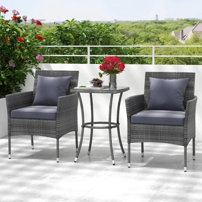 3 Pieces Patio Furniture Set with Cushioned Patio Chairs and Tempered Glass Coffee Table-Gray - Gray - Patio