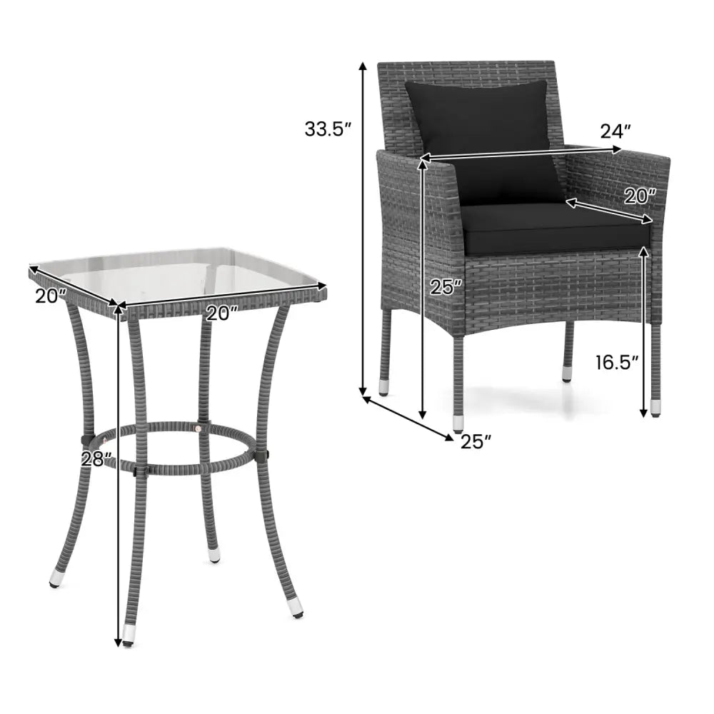 3 Pieces Patio Furniture Set with Cushioned Patio Chairs and Tempered Glass Coffee Table-Black - Black - Patio