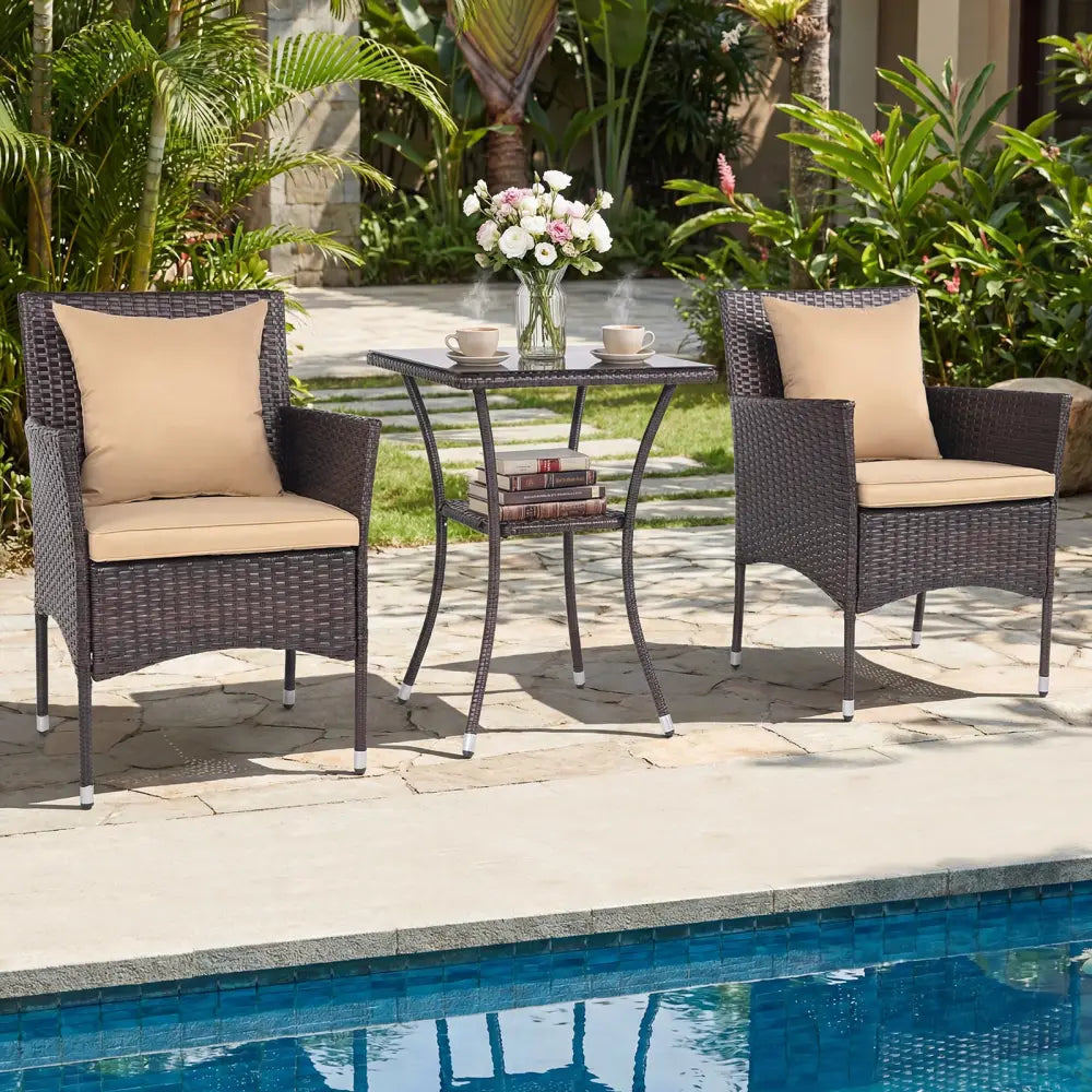 3 Pieces Patio Furniture Set with Cushioned Patio Chairs and Tempered Glass Coffee Table-Brown - Brown - Patio