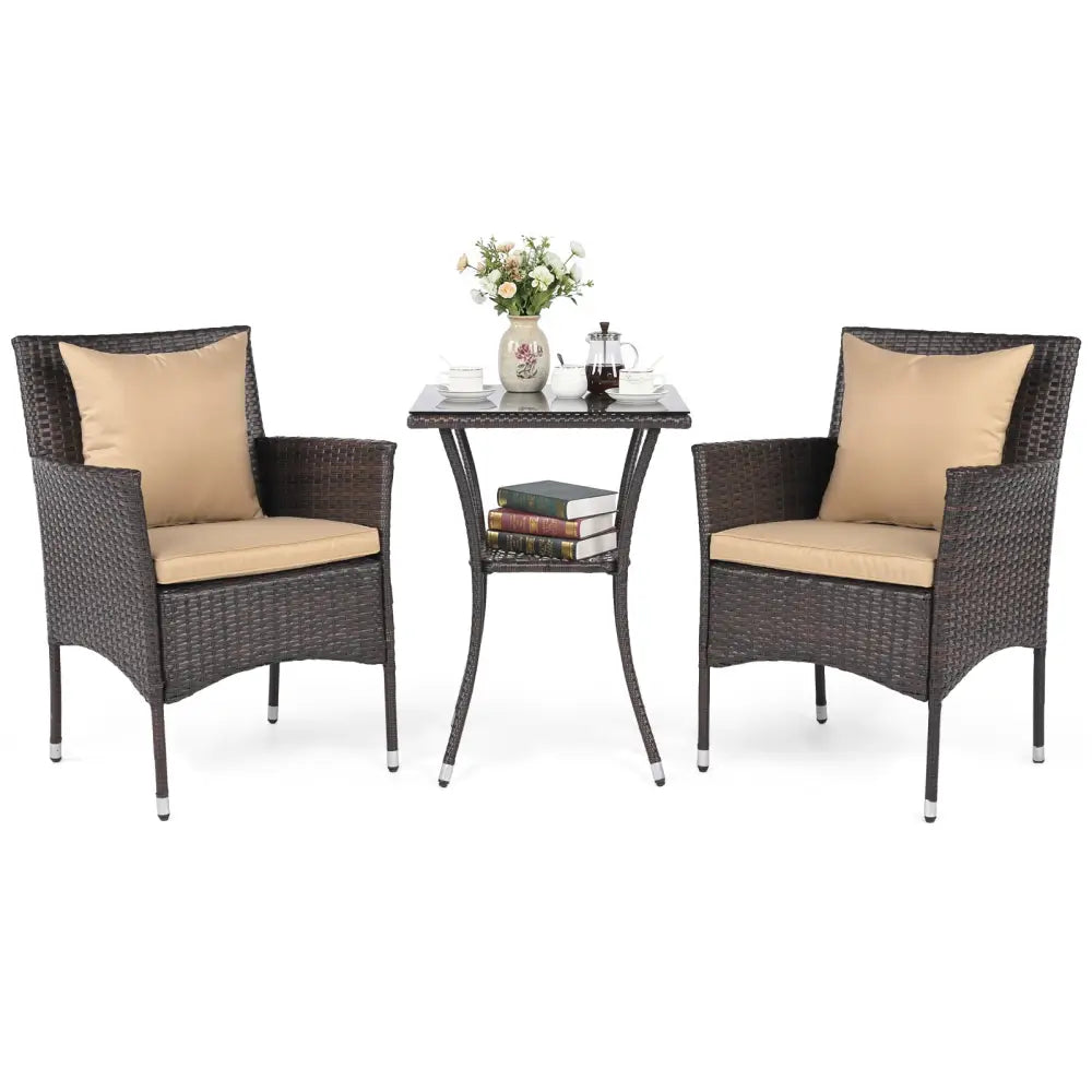 3 Pieces Patio Furniture Set with Cushioned Patio Chairs and Tempered Glass Coffee Table-Brown - Brown - Patio