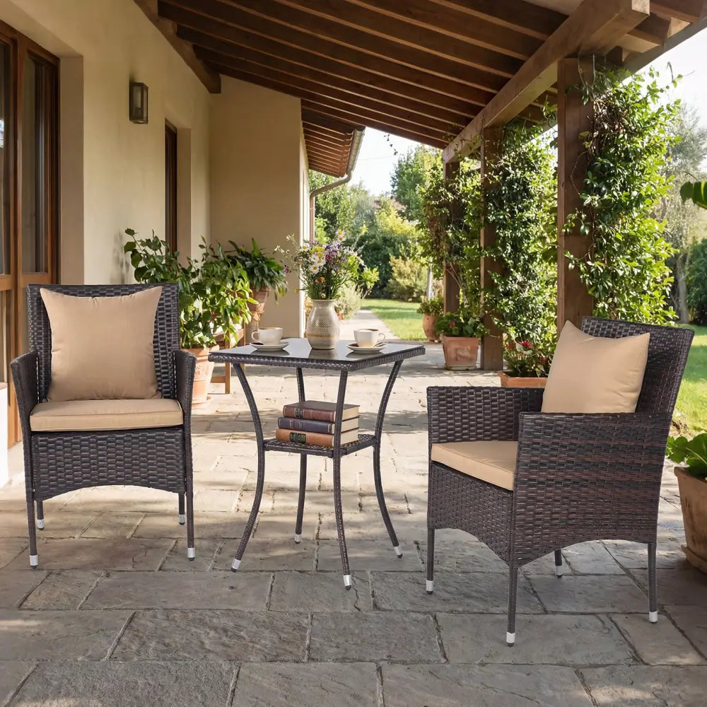 3 Pieces Patio Furniture Set with Cushioned Patio Chairs and Tempered Glass Coffee Table-Brown - Brown - Patio
