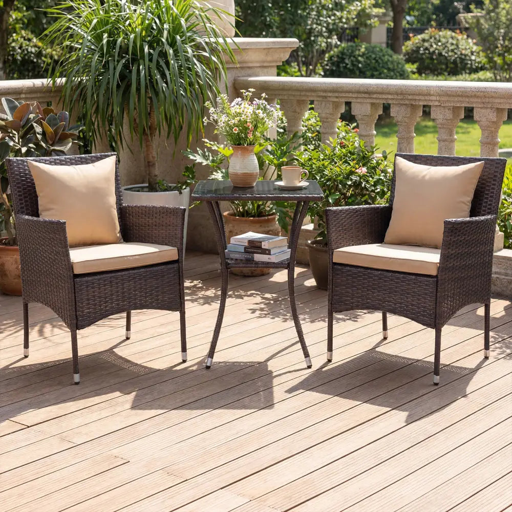 3 Pieces Patio Furniture Set with Cushioned Patio Chairs and Tempered Glass Coffee Table-Brown - Brown - Patio