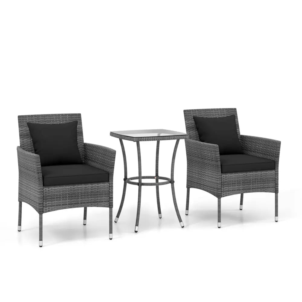 3 Pieces Patio Furniture Set with Cushioned Patio Chairs and Tempered Glass Coffee Table-Black - Black - Patio