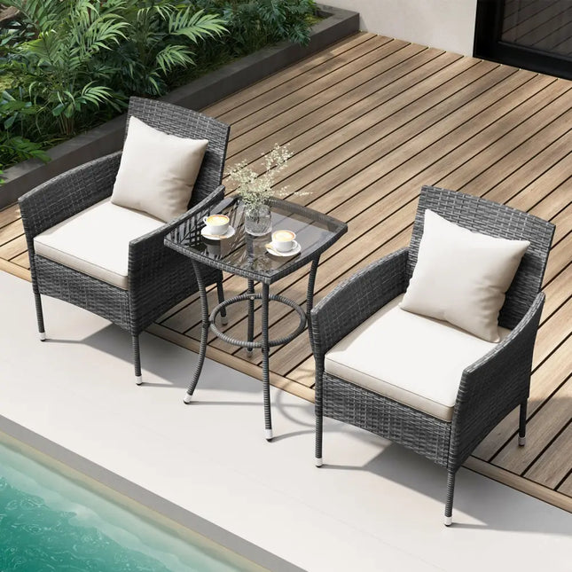 3 Pieces Patio Furniture Set with Cushioned Patio Chairs and Tempered Glass Coffee Table-White - White - Patio