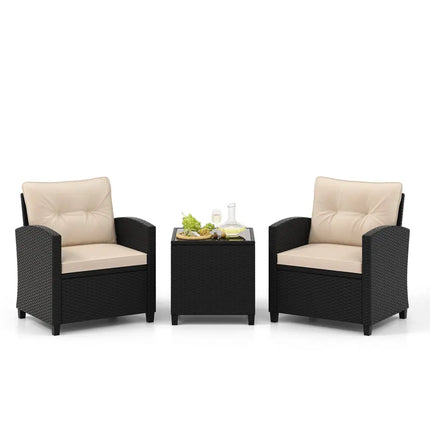 3 Pieces Patio Furniture Set with Tempered Glass Coffee Table-Off White - Off White - Patio Conversation Sets