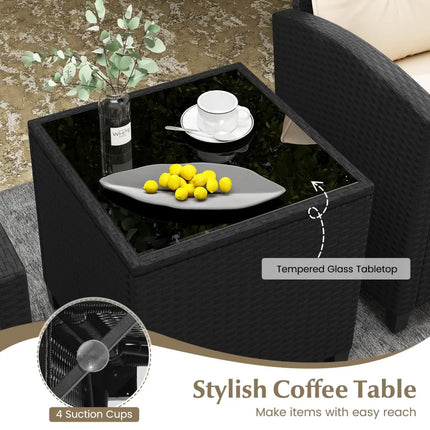 3 Pieces Patio Furniture Set with Tempered Glass Coffee Table-Off White - Off White - Patio Conversation Sets