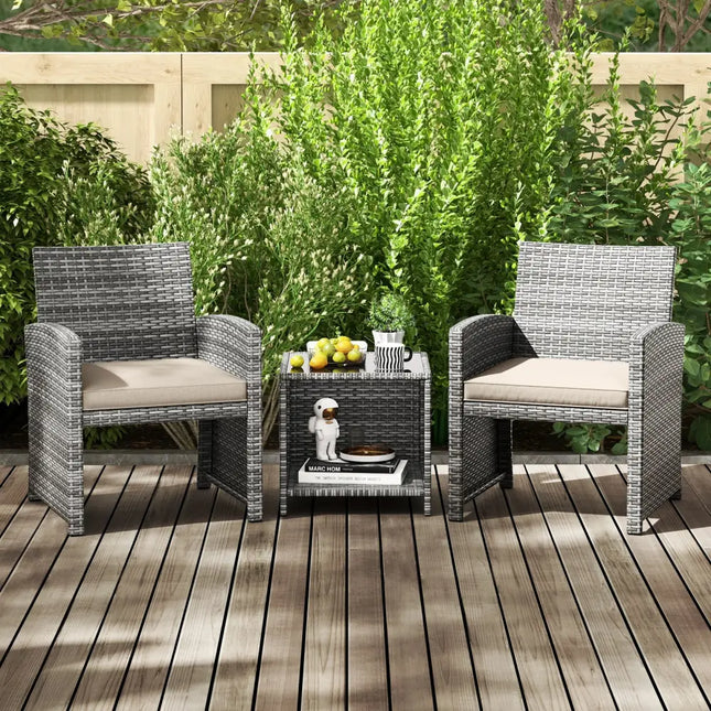 3 Pieces Patio Furniture Set with Tempered Glass Coffee Table and Soft Seat Cushions-White - White - Patio Conversation