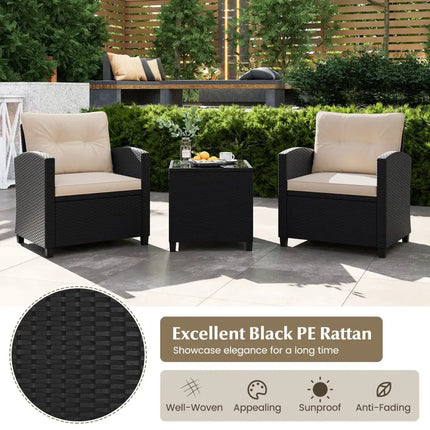 3 Pieces Patio Furniture Set with Tempered Glass Coffee Table-Off White - Off White - Patio Conversation Sets
