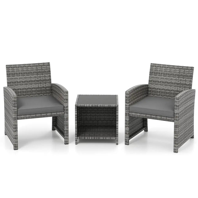 3 Pieces Patio Furniture Set with Tempered Glass Coffee Table and Soft Seat Cushions-Gray - Gray - Patio Conversation