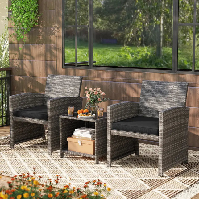 3 Pieces Patio Furniture Set with Tempered Glass Coffee Table and Soft Seat Cushions-Black - Black - Patio Conversation