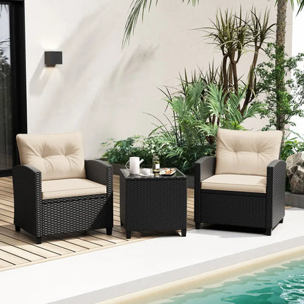 3 Pieces Patio Furniture Set with Tempered Glass Coffee Table-Off White - Off White - Patio Conversation Sets