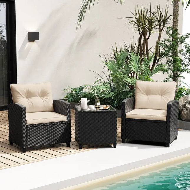 3 Pieces Patio Furniture Set with Tempered Glass Coffee Table-Off White - Off White - Patio Conversation Sets