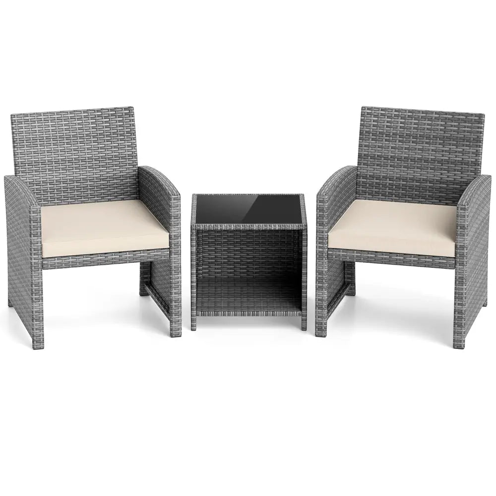 3 Pieces Patio Furniture Set with Tempered Glass Coffee Table and Soft Seat Cushions-White - White - Patio Conversation