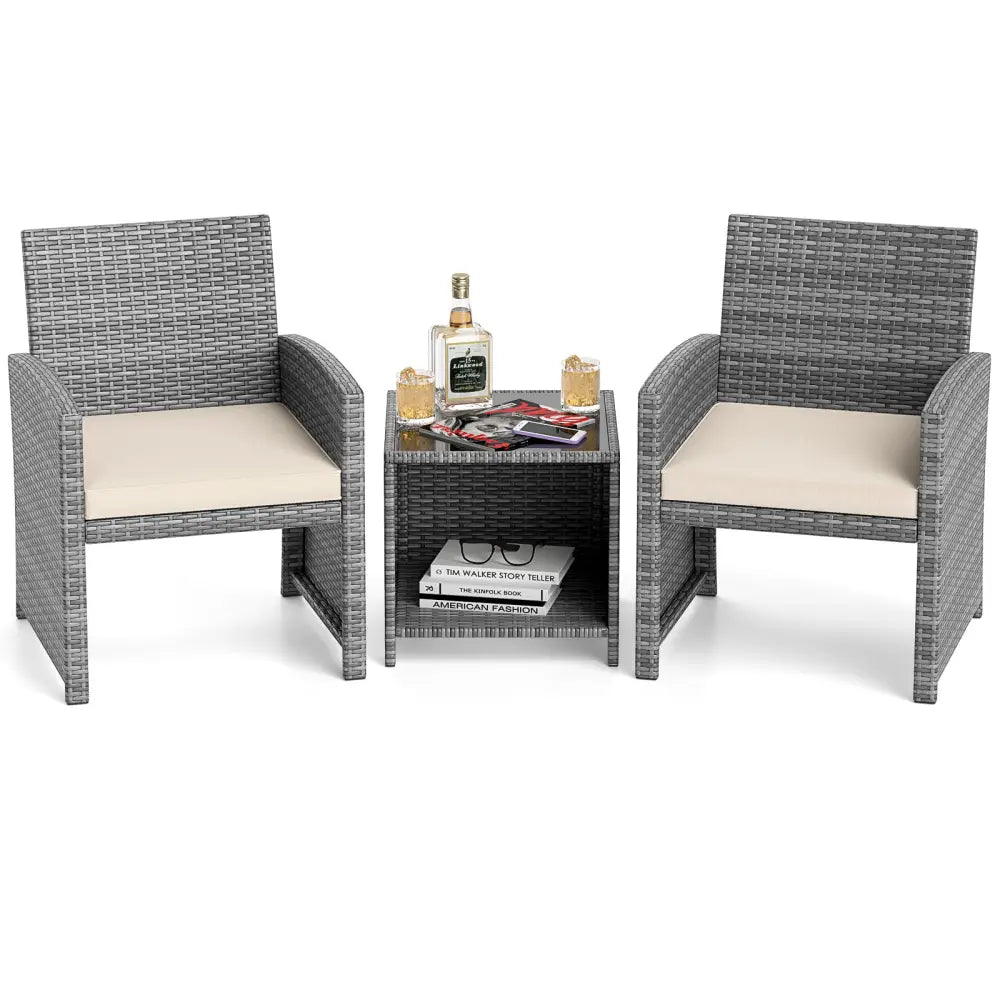 3 Pieces Patio Furniture Set with Tempered Glass Coffee Table and Soft Seat Cushions-White - White - Patio Conversation