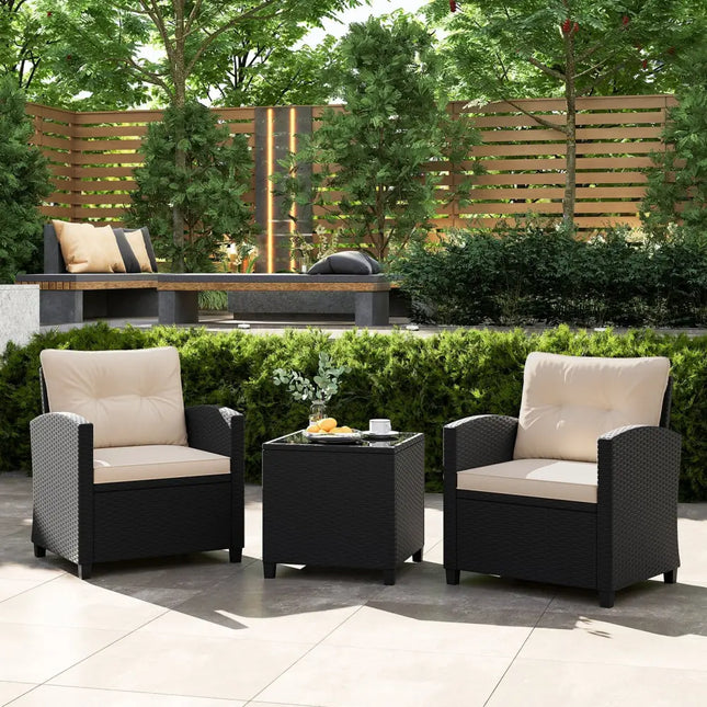 3 Pieces Patio Furniture Set with Tempered Glass Coffee Table-Off White - Off White - Patio Conversation Sets