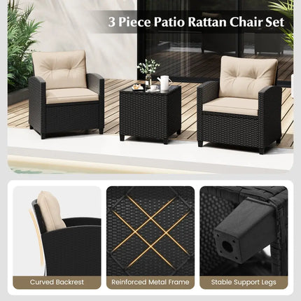 3 Pieces Patio Furniture Set with Tempered Glass Coffee Table-Off White - Off White - Patio Conversation Sets