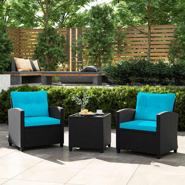 3 Pieces Patio Furniture Set with Tempered Glass Coffee Table-Turquoise - Turquoise - Patio Conversation Sets