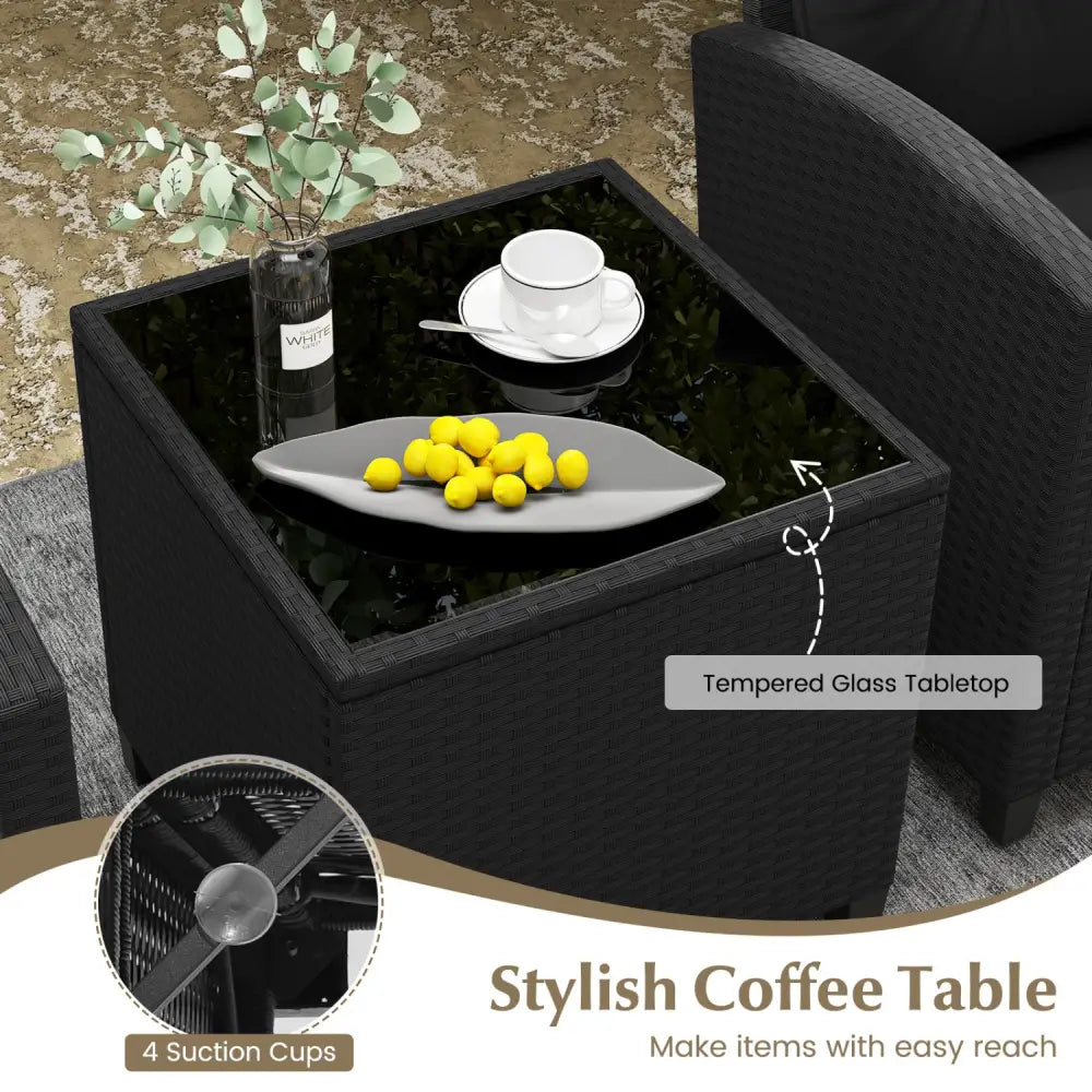 3 Pieces Patio Furniture Set with Tempered Glass Coffee Table-Black - Black - Patio Conversation Sets