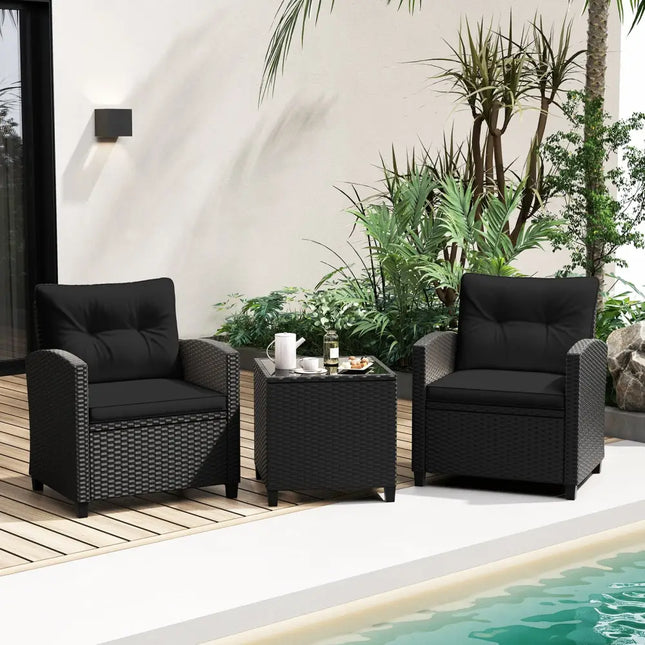 3 Pieces Patio Furniture Set with Tempered Glass Coffee Table-Black - Black - Patio Conversation Sets