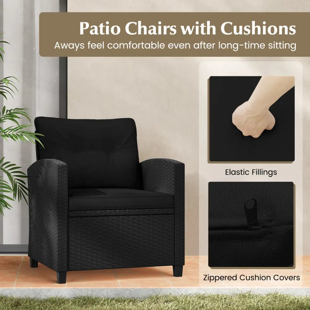 3 Pieces Patio Furniture Set with Tempered Glass Coffee Table-Black - Black - Patio Conversation Sets