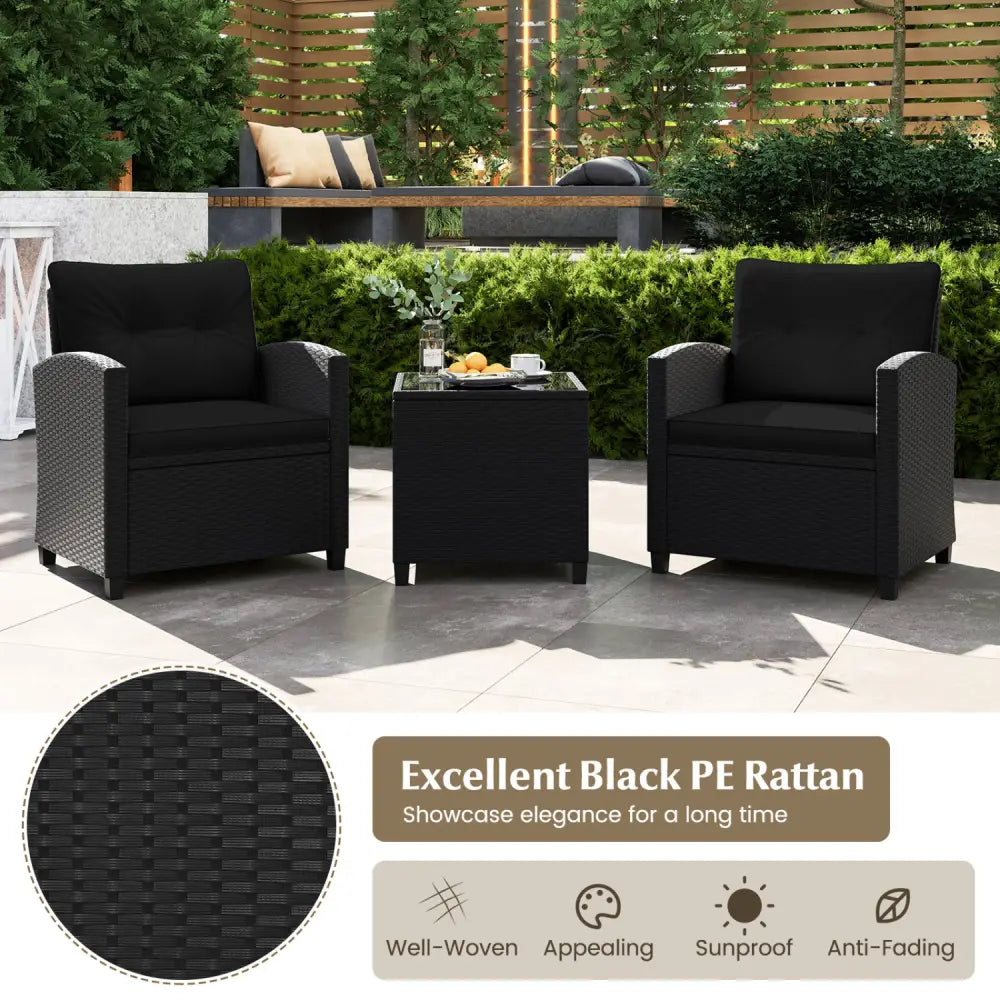 3 Pieces Patio Furniture Set with Tempered Glass Coffee Table-Black - Black - Patio Conversation Sets