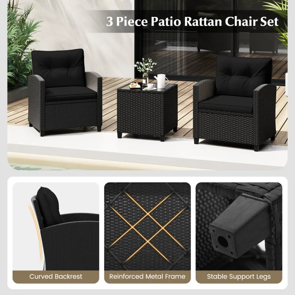 3 Pieces Patio Furniture Set with Tempered Glass Coffee Table-Black - Black - Patio Conversation Sets