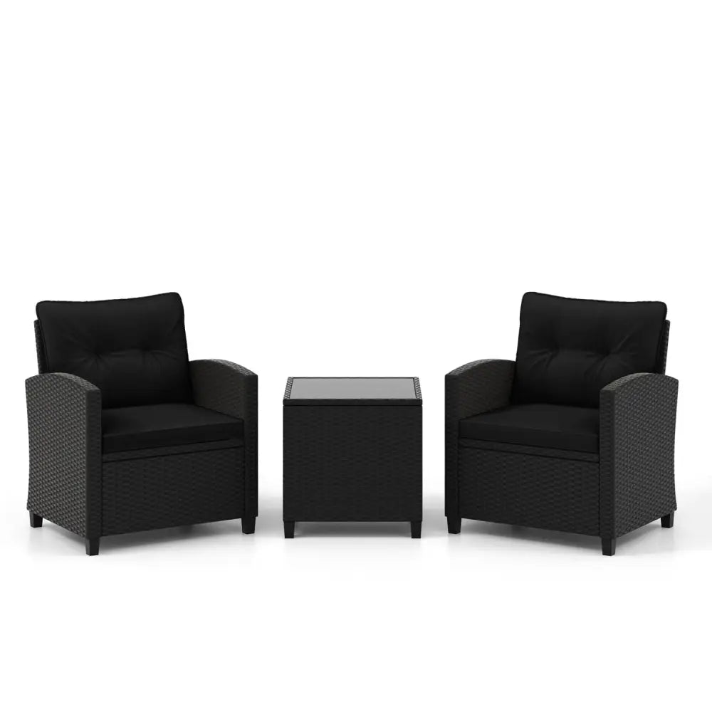 3 Pieces Patio Furniture Set with Tempered Glass Coffee Table-Black - Black - Patio Conversation Sets