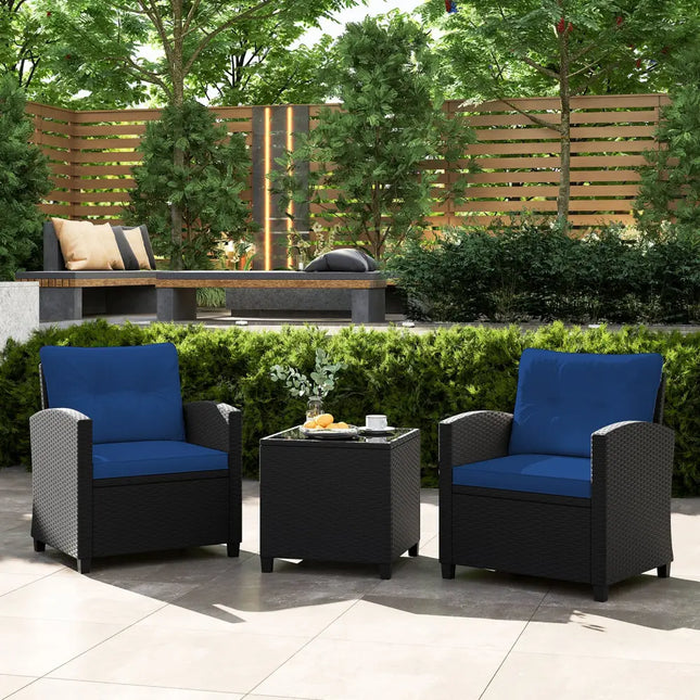 3 Pieces Patio Furniture Set with Tempered Glass Coffee Table-Navy - Navy - Patio Conversation Sets