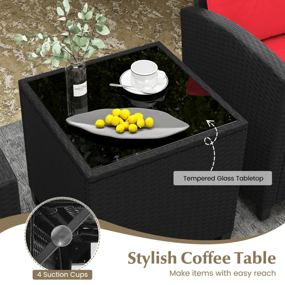 3 Pieces Patio Furniture Set with Tempered Glass Coffee Table-Red - Red - Patio Conversation Sets