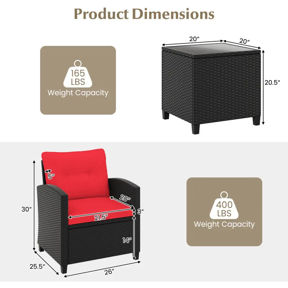 3 Pieces Patio Furniture Set with Tempered Glass Coffee Table-Red - Red - Patio Conversation Sets
