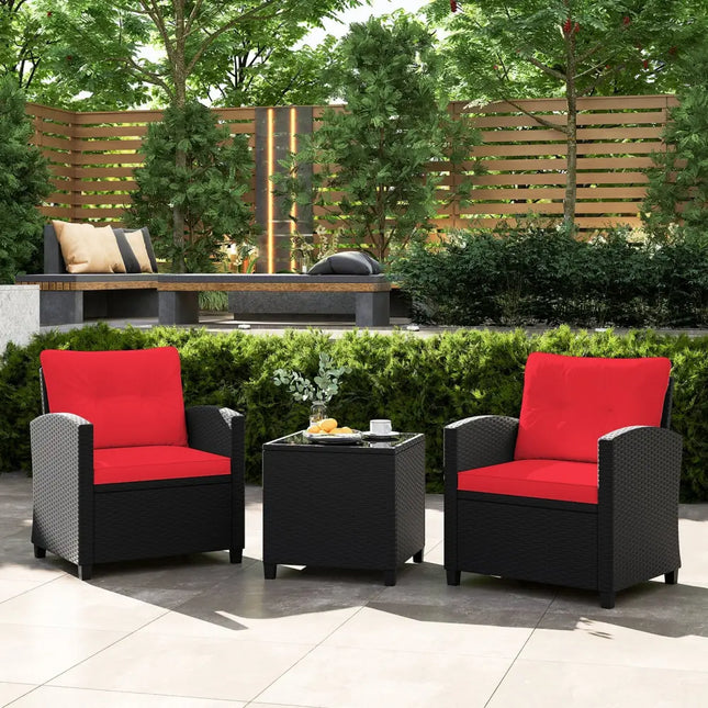 3 Pieces Patio Furniture Set with Tempered Glass Coffee Table-Red - Red - Patio Conversation Sets