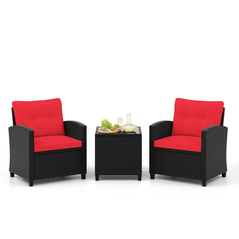 3 Pieces Patio Furniture Set with Tempered Glass Coffee Table-Red - Red - Patio Conversation Sets