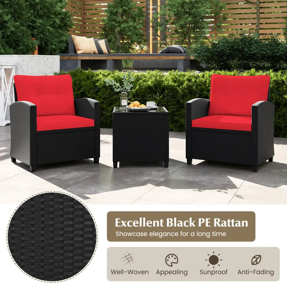 3 Pieces Patio Furniture Set with Tempered Glass Coffee Table-Red - Red - Patio Conversation Sets