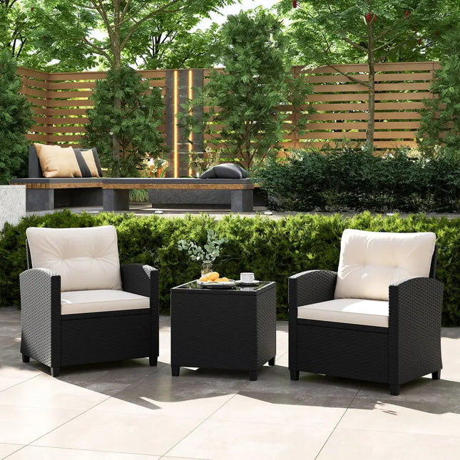 3 Pieces Patio Furniture Set with Tempered Glass Coffee Table-White - White - Patio Conversation Sets