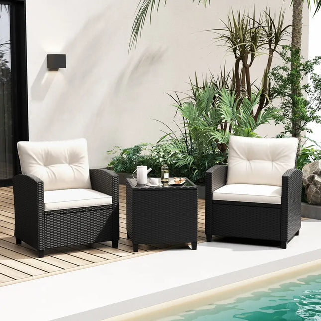 3 Pieces Patio Furniture Set with Tempered Glass Coffee Table-White - White - Patio Conversation Sets
