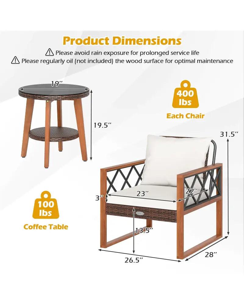 3 Pieces Patio Furniture Set with Tempered Glass Top Table and Soft Cushions-Off White - Off White - Patio Conversation