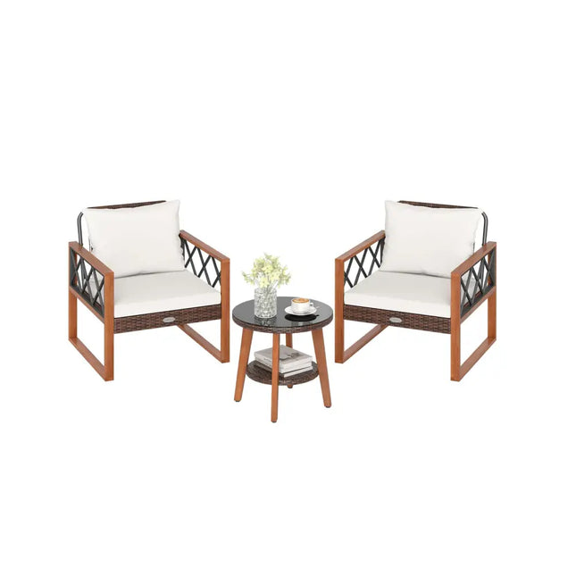3 Pieces Patio Furniture Set with Tempered Glass Top Table and Soft Cushions-Off White - Off White - Patio Conversation