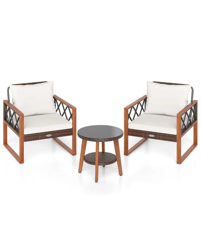 3 Pieces Patio Furniture Set with Tempered Glass Top Table and Soft Cushions-Off White - Off White - Patio Conversation