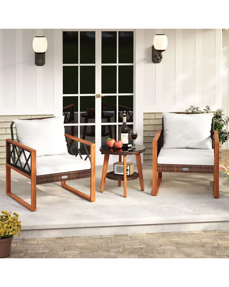 3 Pieces Patio Furniture Set with Tempered Glass Top Table and Soft Cushions-Off White - Off White - Patio Conversation