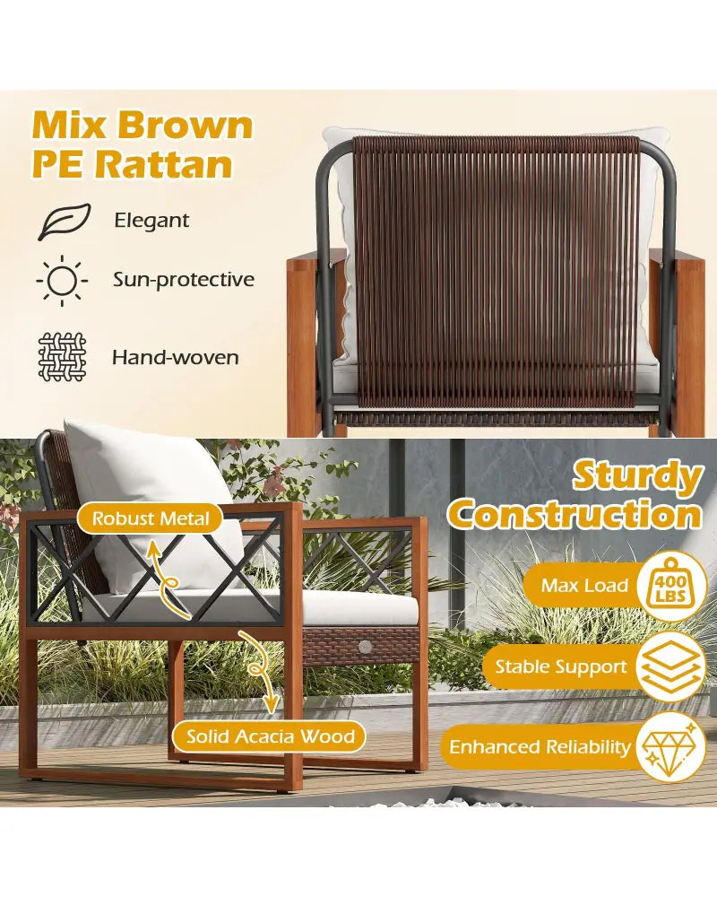 3 Pieces Patio Furniture Set with Tempered Glass Top Table and Soft Cushions-Off White - Off White - Patio Conversation