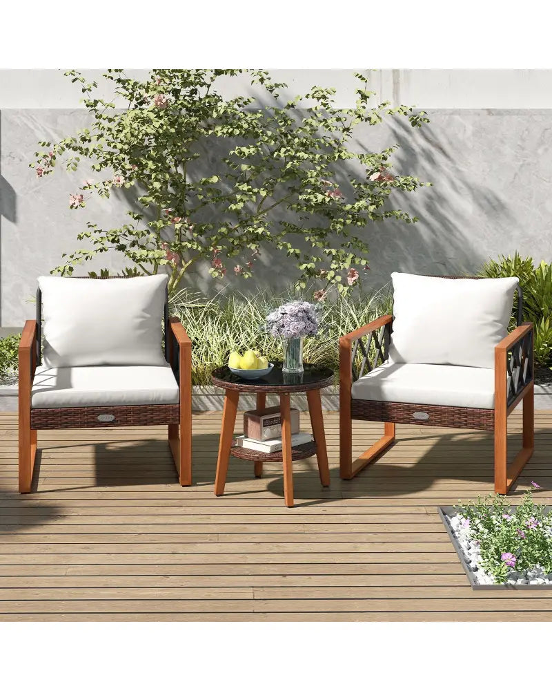3 Pieces Patio Furniture Set with Tempered Glass Top Table and Soft Cushions-Off White - Off White - Patio Conversation
