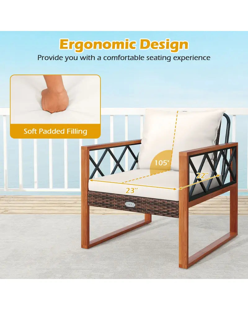 3 Pieces Patio Furniture Set with Tempered Glass Top Table and Soft Cushions-Off White - Off White - Patio Conversation