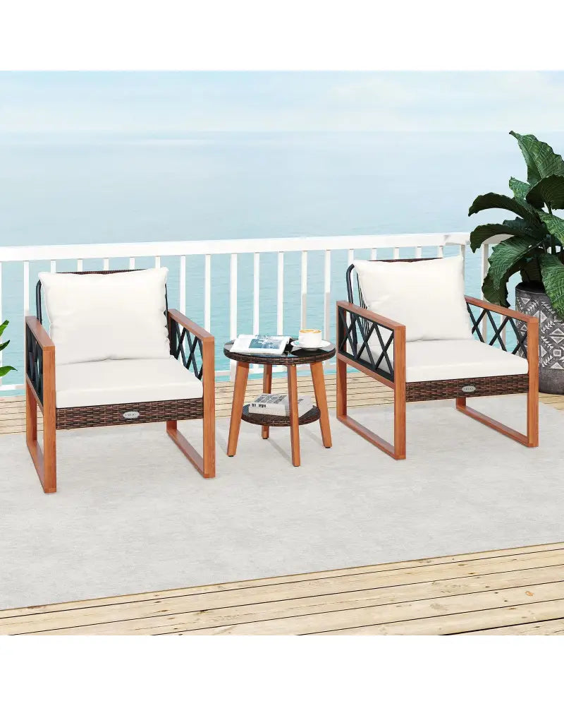 3 Pieces Patio Furniture Set with Tempered Glass Top Table and Soft Cushions-Off White - Off White - Patio Conversation