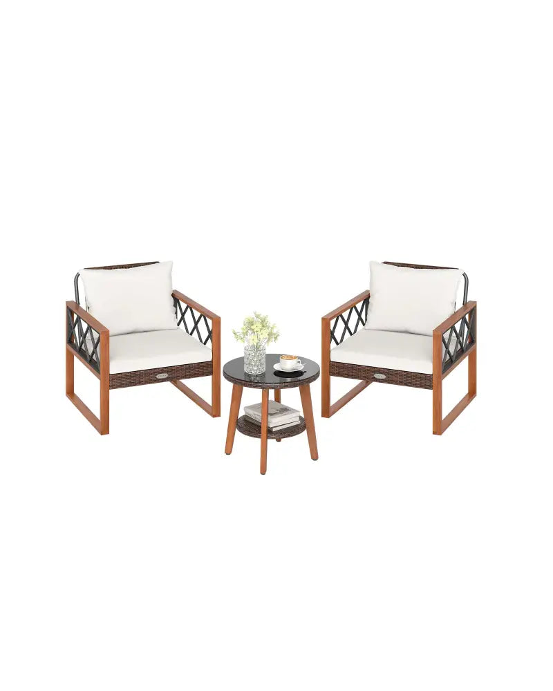3 Pieces Patio Furniture Set with Tempered Glass Top Table and Soft Cushions-Off White - Off White - Patio Conversation