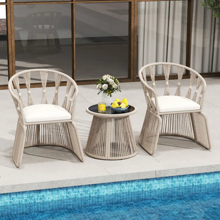 3 Pieces Patio Leisure Chair Set with Rope-Woven Armchairs and Seat Cushions-Off White - Off White - Patio Furniture