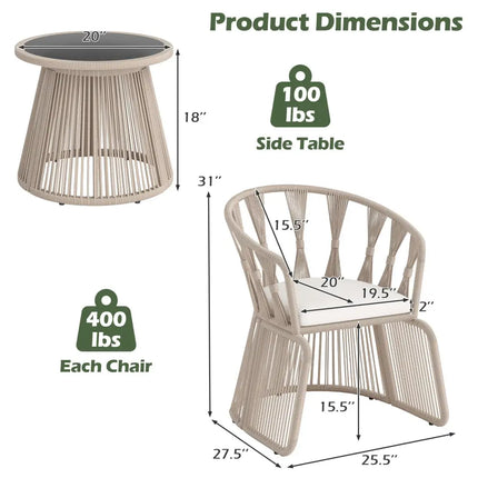 3 Pieces Patio Leisure Chair Set with Rope-Woven Armchairs and Seat Cushions-Off White - Off White - Patio Furniture