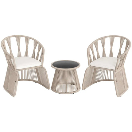 3 Pieces Patio Leisure Chair Set with Rope-Woven Armchairs and Seat Cushions-Off White - Off White - Patio Furniture