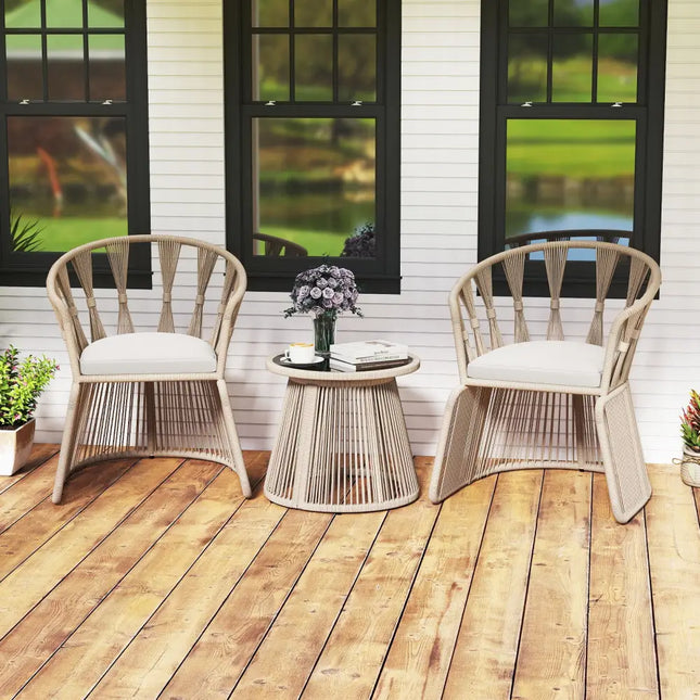 3 Pieces Patio Leisure Chair Set with Rope-Woven Armchairs and Seat Cushions-Off White - Off White - Patio Furniture