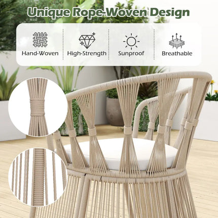 3 Pieces Patio Leisure Chair Set with Rope-Woven Armchairs and Seat Cushions-Off White - Off White - Patio Furniture